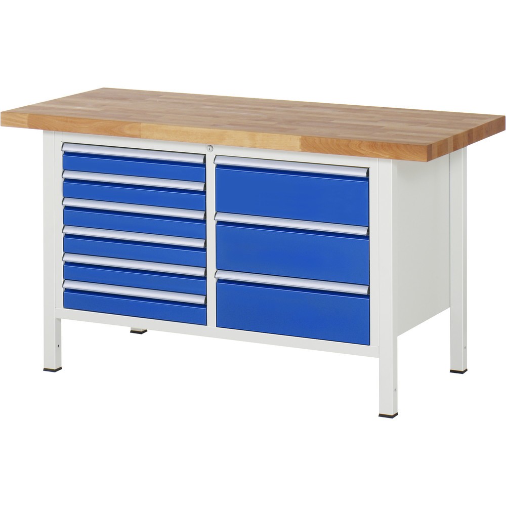 Produktabbildung: RAU Werkbank Serie 8000, 1 Doppel-Container, HxBxT 840-1.040 x 1.500 x 700 mm, 9 x 90%-Auszug-Schubladen 6 x 90, 3 x 180 mm, Breite 490 mm