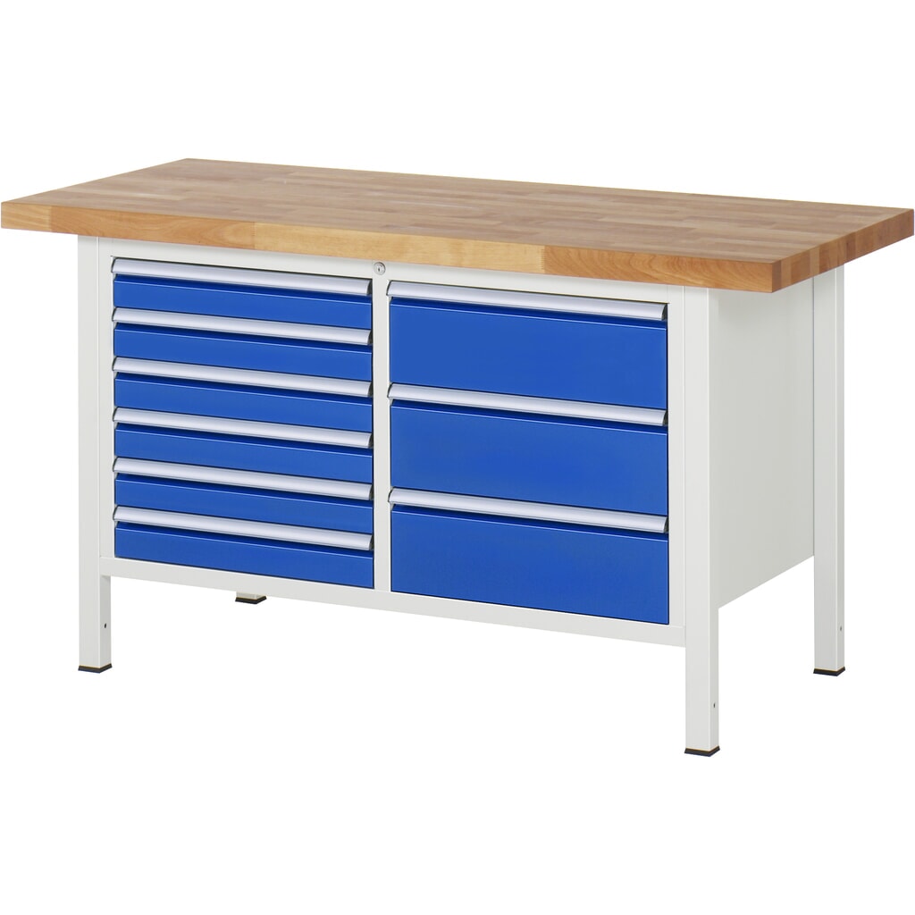 Produktabbildung: RAU Werkbank Serie 8000, 1 Doppel-Container, HxBxT 840-1.040 x 1.500 x 700 mm, 9 x 90%-Auszug-Schubladen 6 x 90, 3 x 180 mm, Breite 490 mm