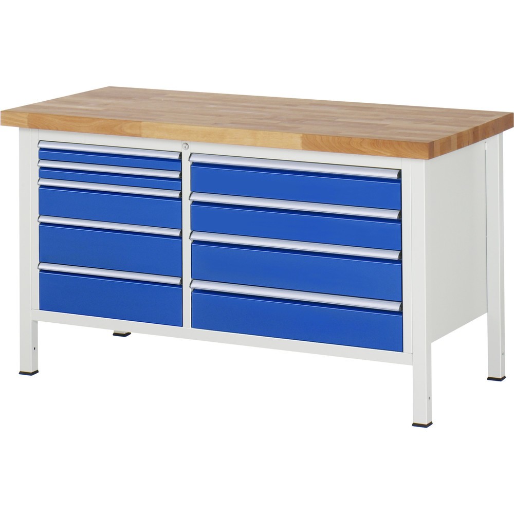Produktabbildung: RAU Werkbank Serie 8000, 1 Doppel-Container, HxBxT 840-1.040 x 1.500 x 700 mm, 9 x 90%-Auszug-Schubladen 2 x 60, 3 x 120, 4 x 150 mm, Breite 490-680 mm