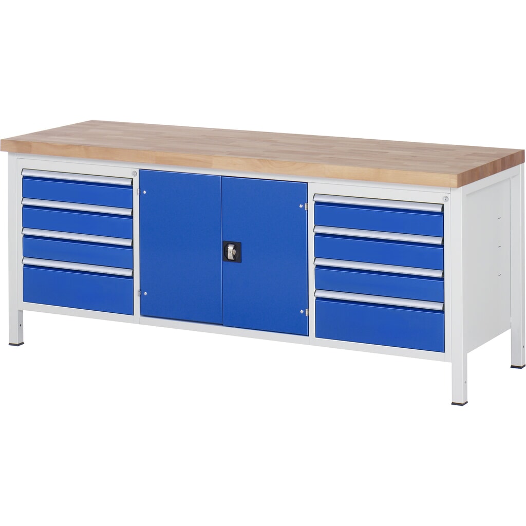 RAU Werkbank Serie 8000, 1 Dreifach-Container, 1 Doppel-Flügeltür, HxBxT 840-1.040 x 2.000 x 700 mm, 8 x 90% Auszugs-Schubladen Produktabbildung: RAU Werkbank Serie 8000, 1 Dreifach-Container, 1 Doppel-Flügeltür, HxBxT 840-1.040 x 2.000 x 700 mm, 8 x 90% Auszugs-Schubladen