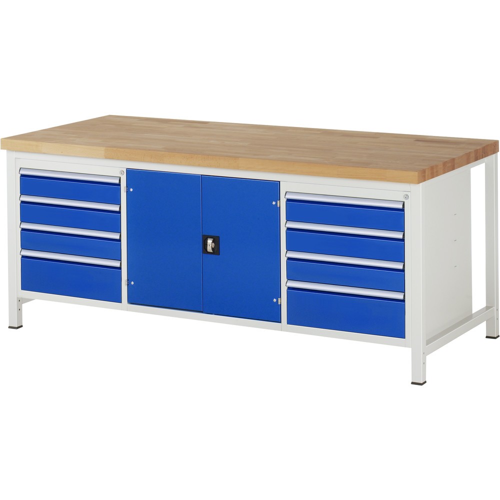 Produktabbildung: RAU Werkbank Serie 8000, 1 Dreifach-Container, 1 Doppel-Flügeltür, HxBxT 840-1.040 x 2.000 x 900 mm, 8 x 90% Auszugs-Schubladen