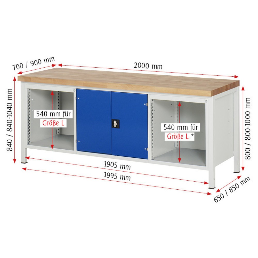 Produktabbildung Nr. 5: RAU Werkbank Serie 8000, 1 Dreifach-Container, 1 Doppel-Flügeltür, HxBxT 840-1.040 x 2.000 x 700 mm, 9 x 90%-Auszug-Schubladen