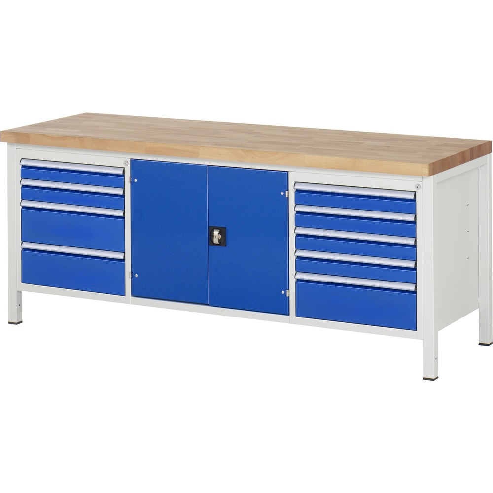 Produktabbildung Nr. 1: RAU Werkbank Serie 8000, 1 Dreifach-Container, 1 Doppel-Flügeltür, HxBxT 840-1.040 x 2.000 x 700 mm, 9 x 90%-Auszug-Schubladen