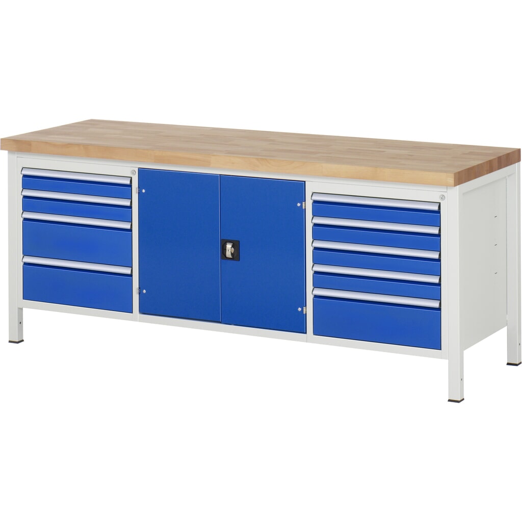 RAU Werkbank Serie 8000, 1 Dreifach-Container, 1 Doppel-Flügeltür, HxBxT 840 x 2.000 x 700 mm, 9 x 90%-Auszug-Schubladen Produktabbildung: RAU Werkbank Serie 8000, 1 Dreifach-Container, 1 Doppel-Flügeltür, HxBxT 840 x 2.000 x 700 mm, 9 x 90%-Auszug-Schubladen