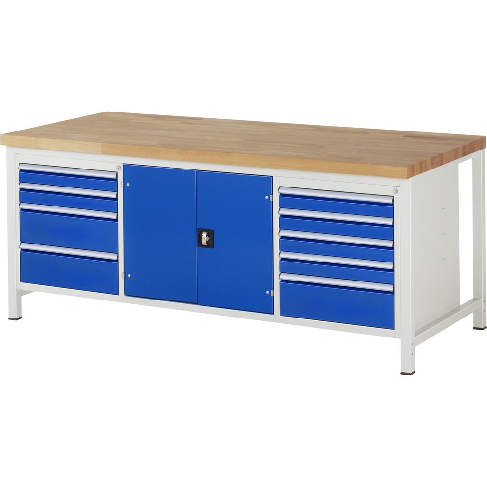 Produktabbildung: RAU Werkbank Serie 8000, 1 Dreifach-Container, 1 Doppel-Flügeltür, HxBxT 840 x 2.000 x 900 mm, 9 x 100%-Auszug-Schubladen