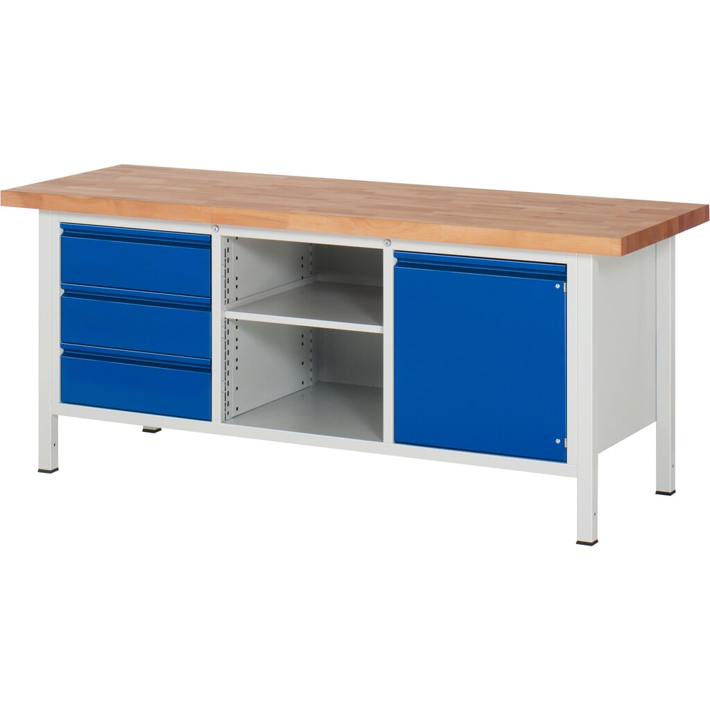 RAU Werkbank Serie 8000, 1 Dreifach-Container, 1 Fachboden, 1 Flügeltür, HxBxT 840 x 2.000 x 700 mm, 3 x 90%-Auszug-Schubladen, integrierte Griffleiste Produktabbildung Nr. 1: RAU Werkbank Serie 8000, 1 Dreifach-Container, 1 Fachboden, 1 Flügeltür, HxBxT 840 x 2.000 x 700 mm, 3 x 90%-Auszug-Schubladen, integrierte Griffleiste