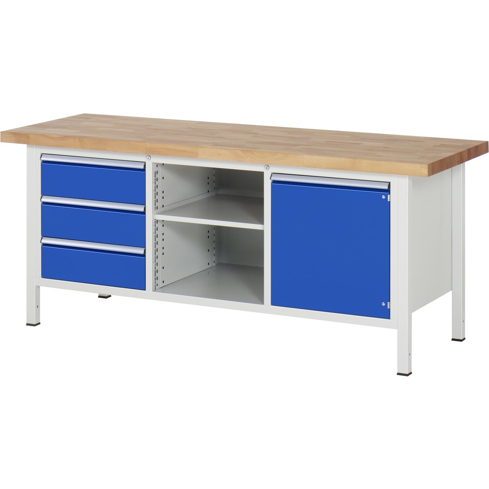 Produktabbildung: RAU Werkbank Serie 8000, 1 Dreifach-Container, 1 Fachboden, 1 Flügeltür, HxBxT 840-1.040 x 2.000 x 700 mm, 3 x 90% Auszugs-Schubladen, ErgoScript®