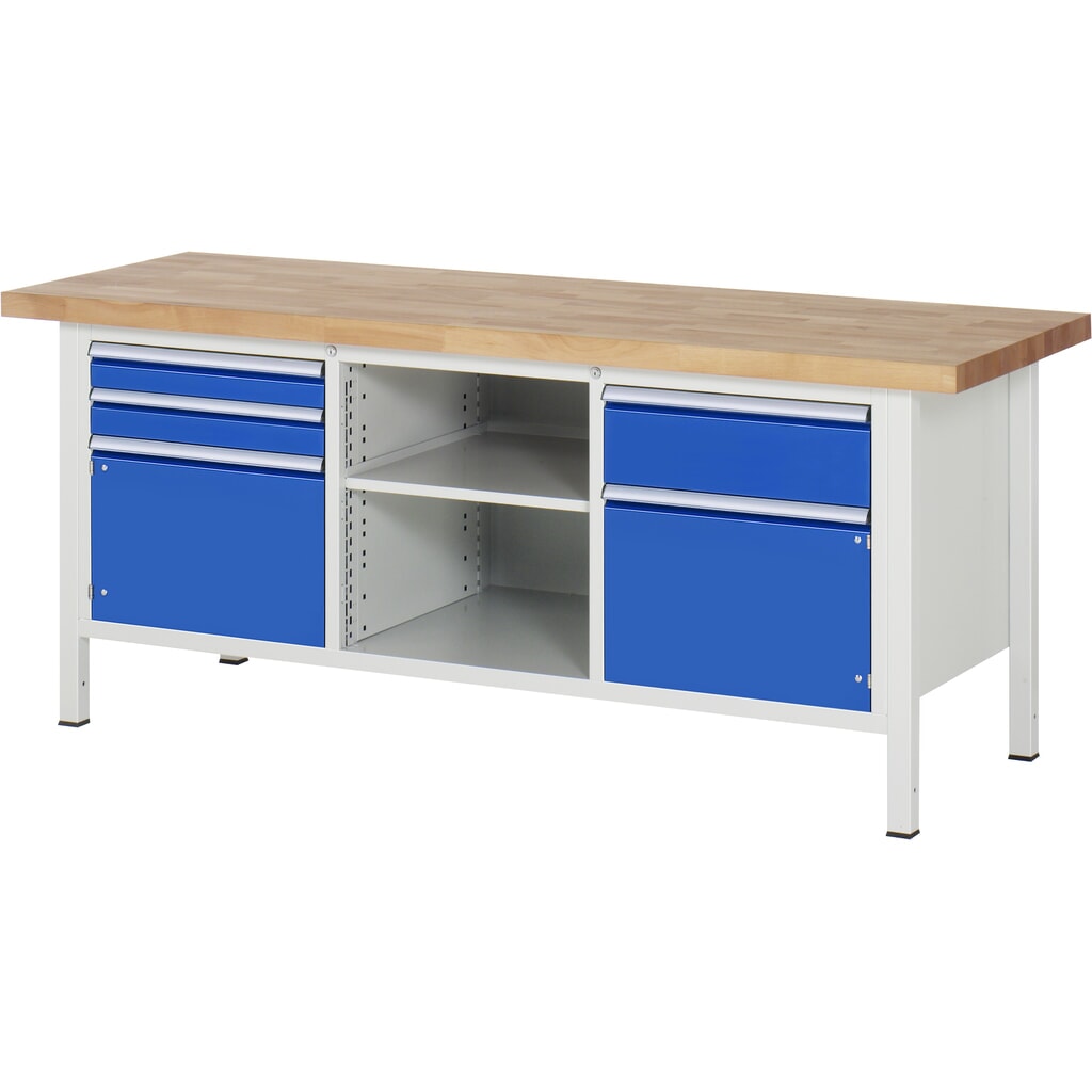 Produktabbildung Nr. 1: RAU Werkbank Serie 8000, 1 Dreifach-Container, 1 Fachboden, 2 Flügeltüren, HxBxT 840 x 2.000 x 700 mm, 3 x 90%-Auszug-Schubladen 2 x 90, 1 x 180 mm