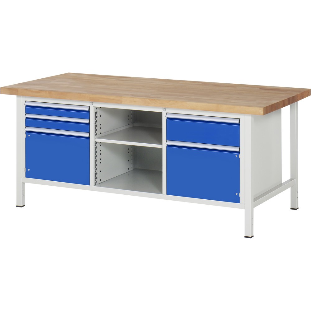 Produktabbildung: RAU Werkbank Serie 8000, 1 Dreifach-Container, 1 Fachboden, 2 Flügeltüren, HxBxT 840-1.040 x 2.000 x 900 mm, 3 x 90% Auszugs-Schubladen