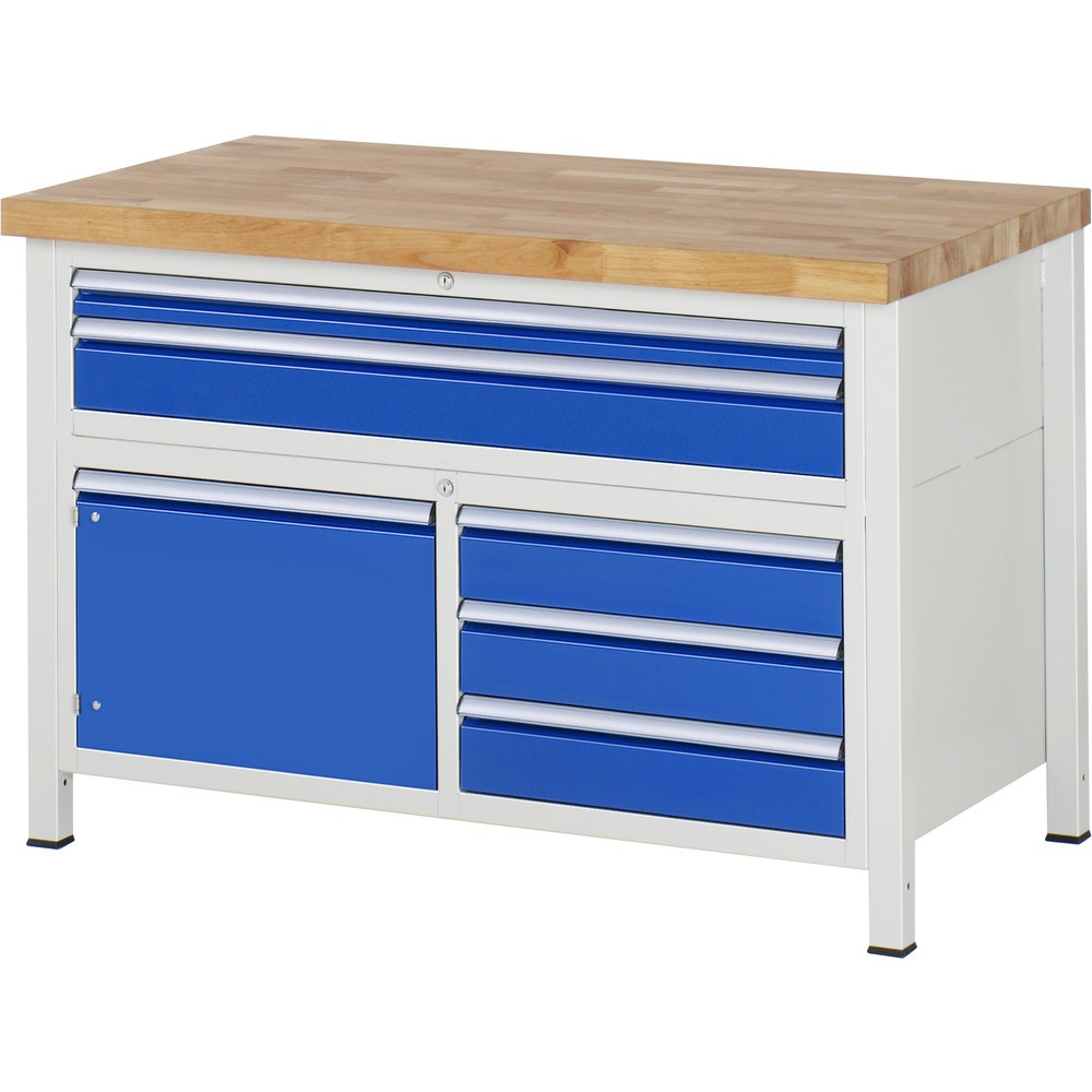 Produktabbildung: RAU Werkbank Serie 8000, 1 Dreifach-Container, 1 Flügeltür, HxBxT 840-1.040 x 1.250 x 700 mm, 5 x 90%-Auszug-Schubladen, 2 XXL oben