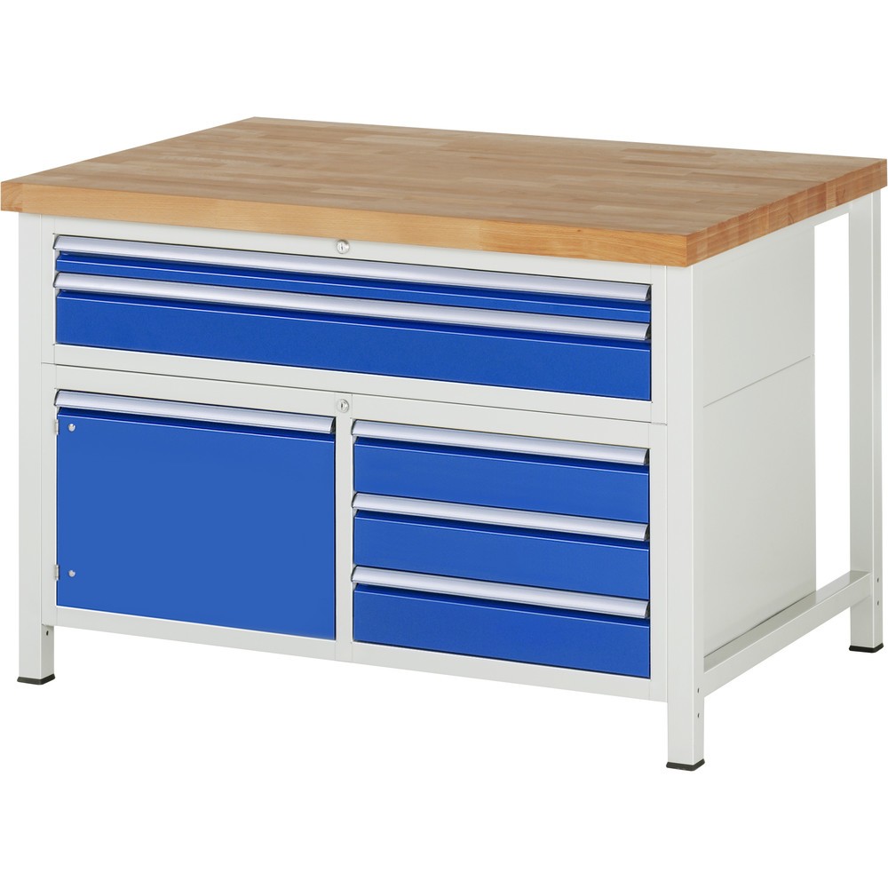 Produktabbildung: RAU Werkbank Serie 8000, 1 Dreifach-Container, 1 Flügeltür, HxBxT 840-1.040 x 1.250 x 900 mm, 5 x 90%-Auszug-Schubladen, 2 XXL oben