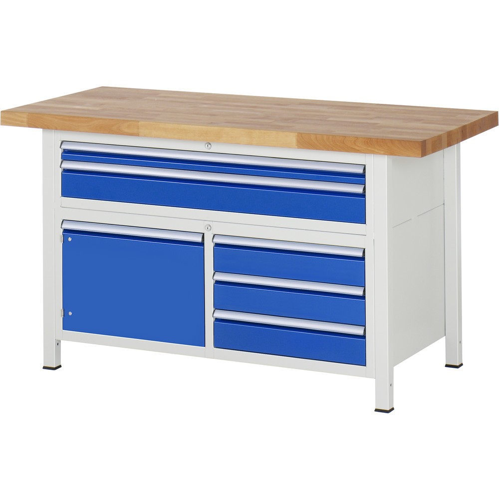Produktabbildung: RAU Werkbank Serie 8000, 1 Dreifach-Container, 1 Flügeltür, HxBxT 840-1.040 x 1.500 x 700 mm, 5 x 90%-Auszug-Schubladen, 2 XXL oben