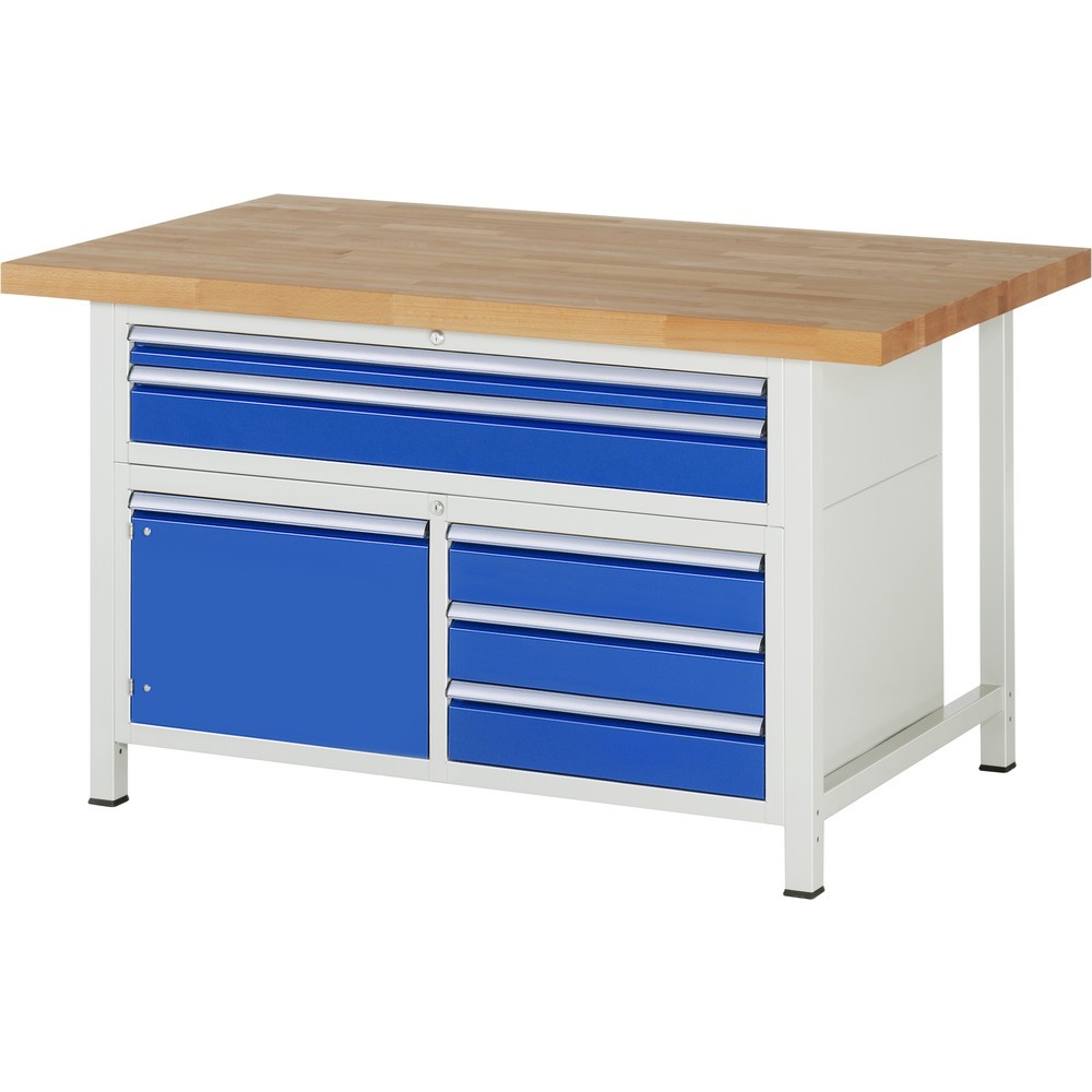 Produktabbildung: RAU Werkbank Serie 8000, 1 Dreifach-Container, 1 Flügeltür, HxBxT 840-1.040 x 1.500 x 900 mm, 5 x 90%-Auszug-Schubladen, 2 XXL oben