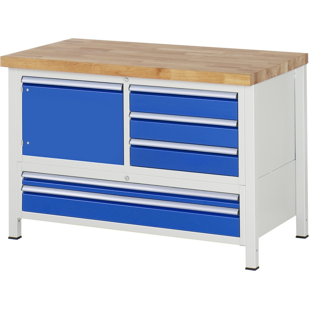 Produktabbildung: RAU Werkbank Serie 8000, 1 Dreifach-Container, 1 Flügeltür, HxBxT 840-1.040 x 1.250 x 700 mm, 5 x 100%-Auszug-Schubladen, 2 XXL unten