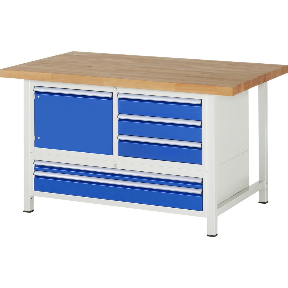 Produktabbildung Nr. 1: RAU Werkbank Serie 8000, 1 Dreifach-Container, 1 Flügeltür, HxBxT 840 x 1.500 x 900 mm, 5 x 100%-Auszug-Schubladen