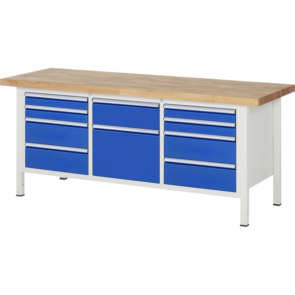 RAU Werkbank Serie 8000, 1 Dreifach-Container, HxBxT 840 x 2.000 x 700 mm, 10 x 90%-Auszug-Schubladen 4 x 90, 5 x 180, 1 x 360 mm, Schubladen-TK 100 kg Produktabbildung: RAU Werkbank Serie 8000, 1 Dreifach-Container, HxBxT 840 x 2.000 x 700 mm, 10 x 90%-Auszug-Schubladen 4 x 90, 5 x 180, 1 x 360 mm, Schubladen-TK 100 kg