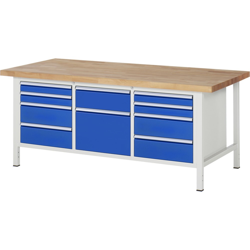 Produktabbildung Nr. 1: RAU Werkbank Serie 8000, 1 Dreifach-Container, HxBxT 840-1.040 x 2.000 x 900 mm, 10 x 100%-Auszug-Schubladen 4 x 90, 5 x 180, 1 x 360 mm, Schubladen-TK 100 kg