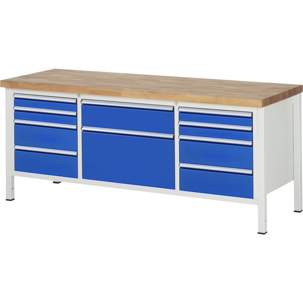 Produktabbildung Nr. 1: RAU Werkbank Serie 8000, 1 Dreifach-Container, HxBxT 840-1.040 x 2.000 x 700 mm, 10 x 90%-Auszug-Schubladen 4 x 90, 5 x 180, 1 x 360 mm, Schubladen-TK 100/75 kg