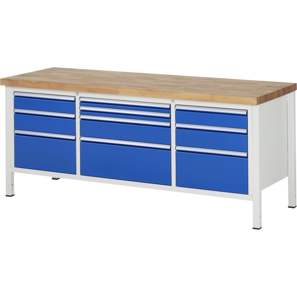 Produktabbildung: RAU Werkbank Serie 8000, 1 Dreifach-Container, HxBxT 840-1.040 x 2.000 x 700 mm, 10 x 90%-Auszug-Schubladen 2 x 60, 2 x 120, 3 x 150, 3 x 270 mm, Schubladen-TK 100/75 kg