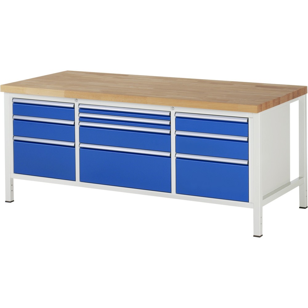 Produktabbildung: RAU Werkbank Serie 8000, 1 Dreifach-Container, HxBxT 840-1.040 x 2.000 x 900 mm, 10 x 100%-Auszug-Schubladen 2 x 60, 2 x 120, 3 x 150, 3 x 270 mm, Schubladen-TK 75/100 kg
