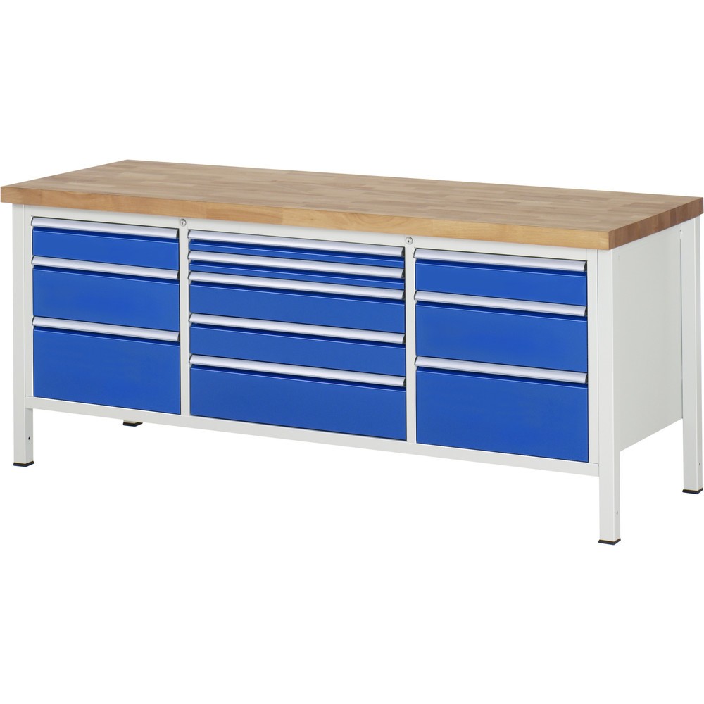 Produktabbildung Nr. 1: RAU Werkbank Serie 8000, 1 Dreifach-Container, HxBxT 840-1.040 x 2.000 x 700 mm, 11 Schublade 2 x 60, 4 x 120, 3 x 180, 2 x 240 mm, Schubladen-TK 100/75 kg