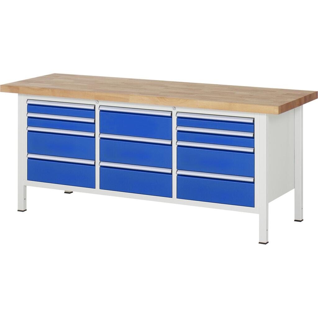 RAU Werkbank Serie 8000, 1 Dreifach-Container, HxBxT 840 x 2.000 x 700 mm, 11 Schublade 4 x 90, 7 x 180 mm, Schubladen-TK 100 kg Produktabbildung Nr. 1: RAU Werkbank Serie 8000, 1 Dreifach-Container, HxBxT 840 x 2.000 x 700 mm, 11 Schublade 4 x 90, 7 x 180 mm, Schubladen-TK 100 kg