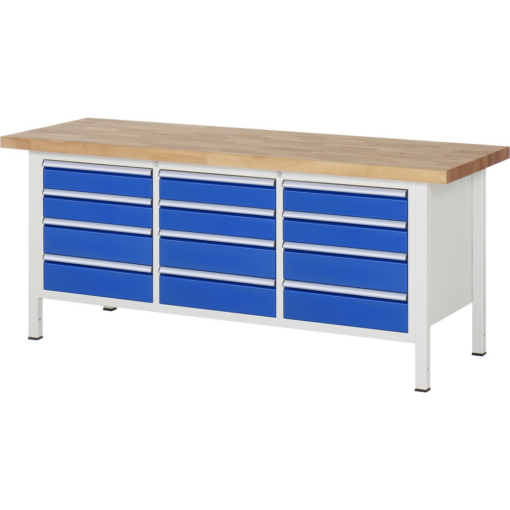 Produktabbildung: RAU Werkbank Serie 8000, 1 Dreifach-Container, HxBxT 840-1.040 x 2.000 x 700 mm, 12 x 90%-Auszug-Schubladen 6 x 120, 6 x 150 mm