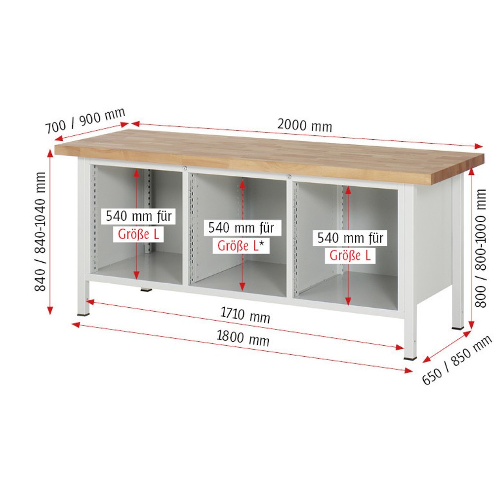 Produktabbildung Nr. 6: RAU Werkbank Serie 8000, 1 Dreifach-Container, HxBxT 840-1.040 x 2.000 x 700 mm, 12 x 90%-Auszug-Schubladen 3 x 60, 3 x 120, 6 x 180 mm