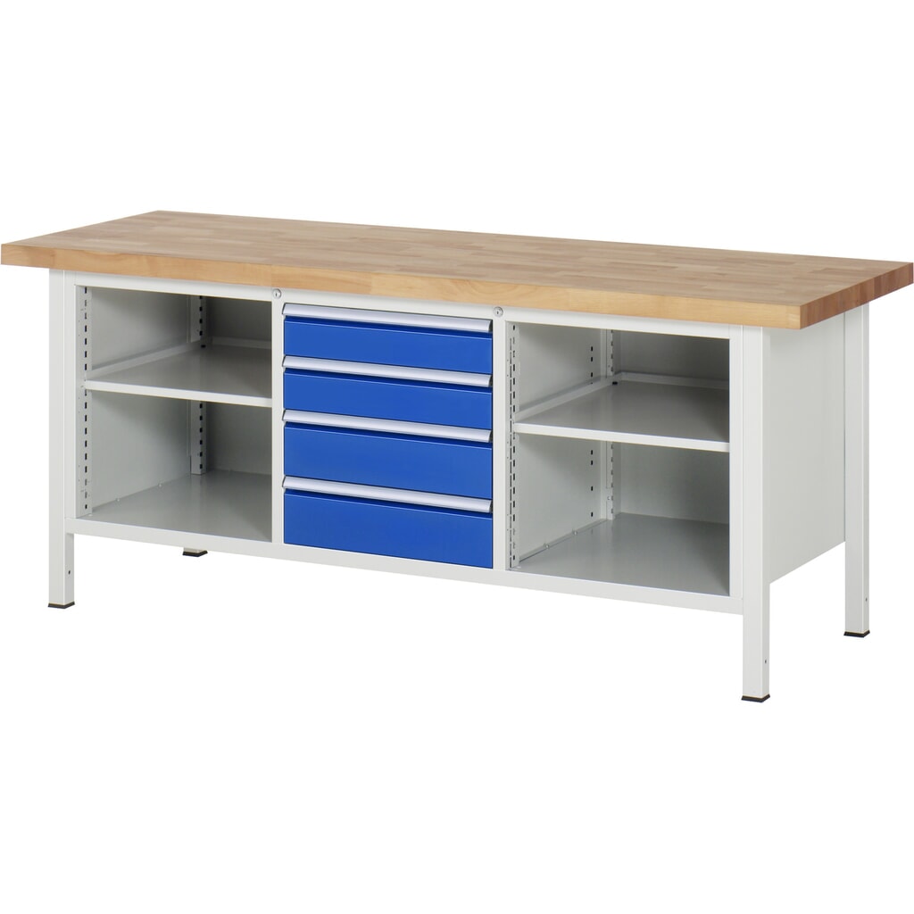 RAU Werkbank Serie 8000, 1 Dreifach-Container, 2 Fachböden, HxBxT 840 x 2.000 x 700 mm, 4 x 90%-Auszug-Schubladen, Schubladen-TK 100 kg Produktabbildung: RAU Werkbank Serie 8000, 1 Dreifach-Container, 2 Fachböden, HxBxT 840 x 2.000 x 700 mm, 4 x 90%-Auszug-Schubladen, Schubladen-TK 100 kg