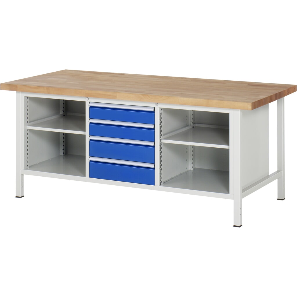 RAU Werkbank Serie 8000, 1 Dreifach-Container, 2 Fachböden, HxBxT 840-1.040 x 2.000 x 900 mm, 4 x 100%-Auszug-Schubladen, Schubladen-TK 100 kg Produktabbildung: RAU Werkbank Serie 8000, 1 Dreifach-Container, 2 Fachböden, HxBxT 840-1.040 x 2.000 x 900 mm, 4 x 100%-Auszug-Schubladen, Schubladen-TK 100 kg