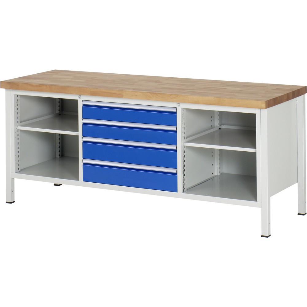 Produktabbildung: RAU Werkbank Serie 8000, 1 Dreifach-Container, 2 Fachböden, HxBxT 840 x 2.000 x 700 mm, 4 x 90%-Auszug-Schubladen, Schubladen-TK 75 kg
