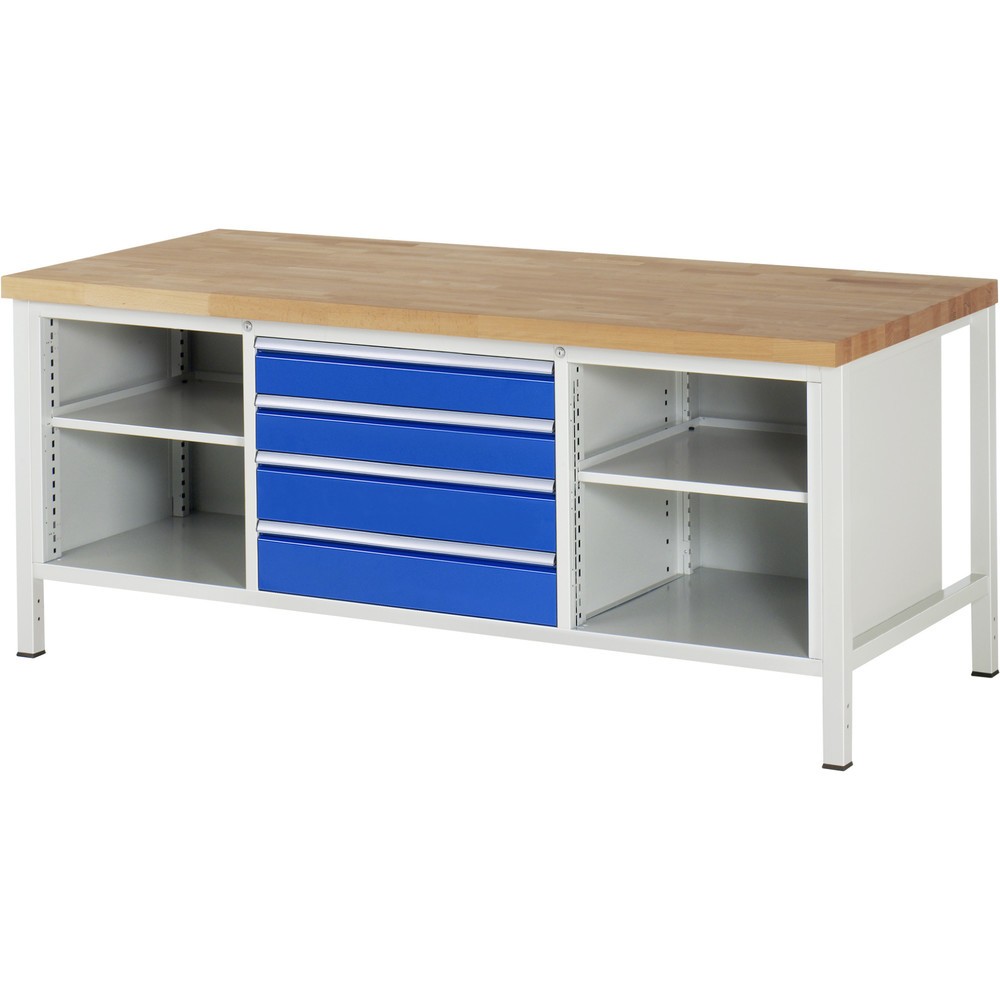 Produktabbildung: RAU Werkbank Serie 8000, 1 Dreifach-Container, 2 Fachböden, HxBxT 840-1.040 x 2.000 x 900 mm, 4 x 90%-Auszug-Schubladen, Schubladen-TK 75 kg