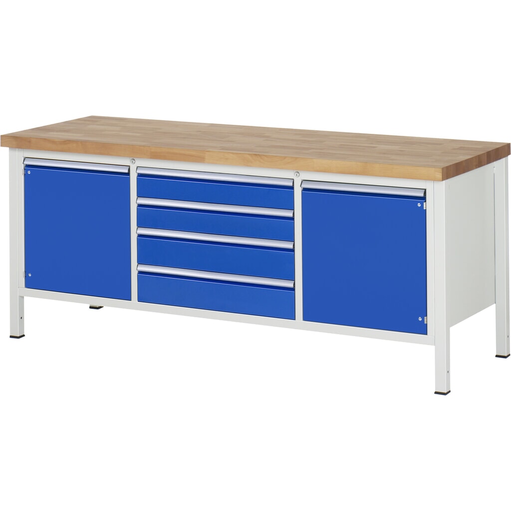 RAU Werkbank Serie 8000, 1 Dreifach-Container, 2 Flügeltüren, HxBxT 840-1.040 x 2.000 x 700 mm, 4 x 90%-Auszug-Schubladen Produktabbildung Nr. 1: RAU Werkbank Serie 8000, 1 Dreifach-Container, 2 Flügeltüren, HxBxT 840-1.040 x 2.000 x 700 mm, 4 x 90%-Auszug-Schubladen