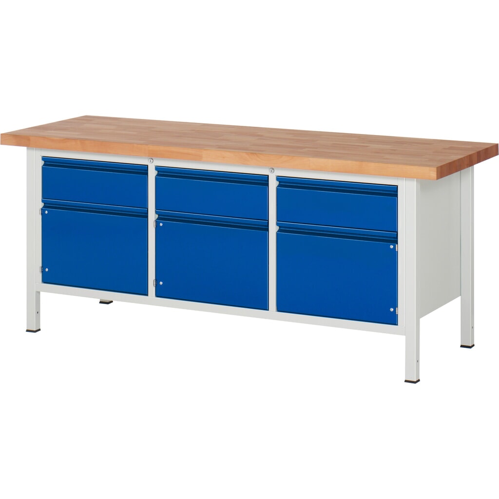 RAU Werkbank Serie 8000, 1 Dreifach-Container, 3 Flügeltüren, HxBxT 840-1.040 x 2.000 x 700 mm, 3 x 90%-Auszug-Schubladen, integrierte Griffleiste Produktabbildung: RAU Werkbank Serie 8000, 1 Dreifach-Container, 3 Flügeltüren, HxBxT 840-1.040 x 2.000 x 700 mm, 3 x 90%-Auszug-Schubladen, integrierte Griffleiste