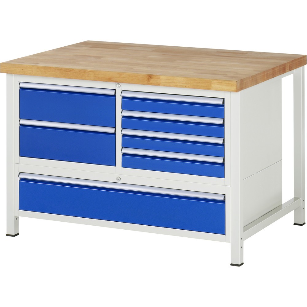 Produktabbildung: RAU Werkbank Serie 8000, 1 Dreifach-Container, HxBxT 840-1.040 x 1.250 x 900 mm, 7 x 90%-Auszug-Schubladen 4 x 90, 3 x 180 mm
