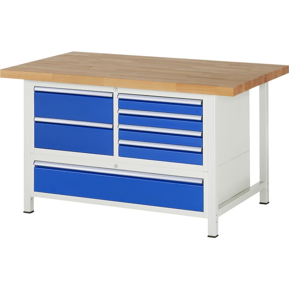Produktabbildung: RAU Werkbank Serie 8000, 1 Dreifach-Container, HxBxT 840-1.040 x 1.500 x 900 mm, 7 x 90%-Auszug-Schubladen 4 x 90, 3 x 180 mm