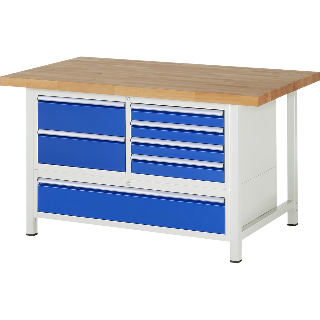 Produktabbildung: RAU Werkbank Serie 8000, 1 Dreifach-Container, HxBxT 840-1.040 x 1.500 x 900 mm, 7 x 90%-Auszug-Schubladen 4 x 90, 3 x 180 mm