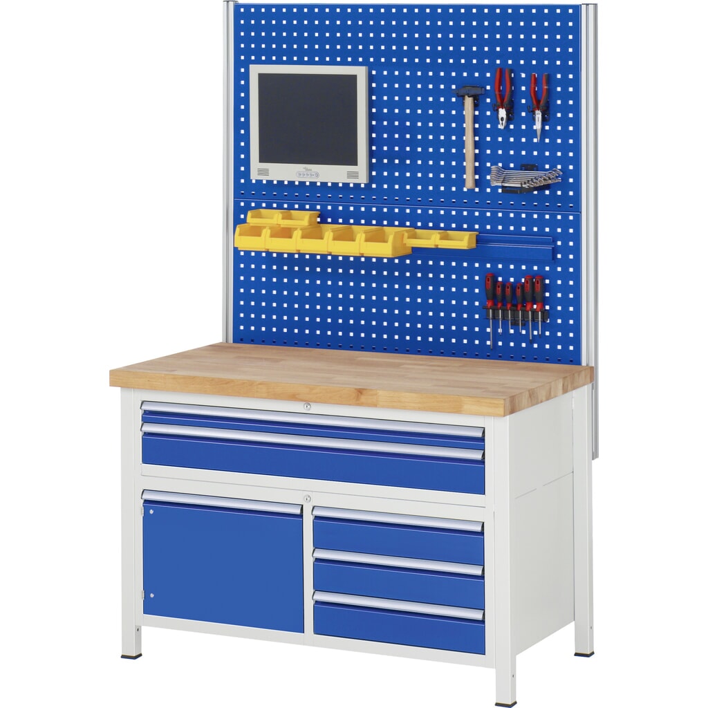Produktabbildung Nr. 9: RAU Werkbank Serie 8000, 1 Dreifach-Container, 1 Flügeltür, HxBxT 840-1.040 x 1.250 x 700 mm, 5 x 90%-Auszug-Schubladen, 2 XXL unten