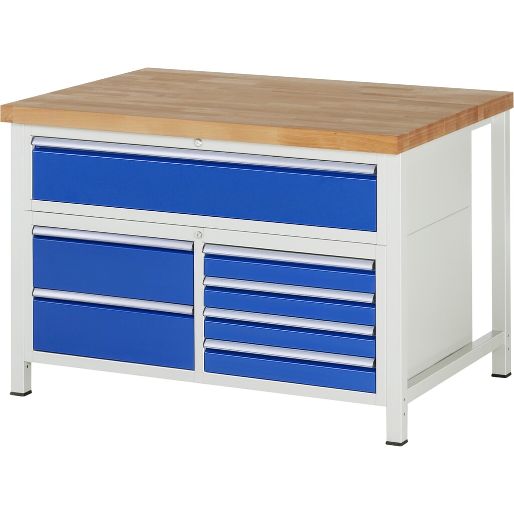 RAU Werkbank Serie 8000, 1 Dreifach-Container, HxBxT 840 x 1.250 x 900 mm, 7 x 90%-Auszug-Schubladen 4 x 90, 3 x 180 mm Produktabbildung: RAU Werkbank Serie 8000, 1 Dreifach-Container, HxBxT 840 x 1.250 x 900 mm, 7 x 90%-Auszug-Schubladen 4 x 90, 3 x 180 mm