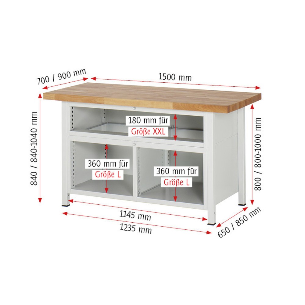 Produktabbildung Nr. 4: RAU Werkbank Serie 8000, 1 Dreifach-Container, HxBxT 840 x 1.500 x 900 mm, 9 x 90%-Auszug-Schubladen, 2 XXL Schubladen oben
