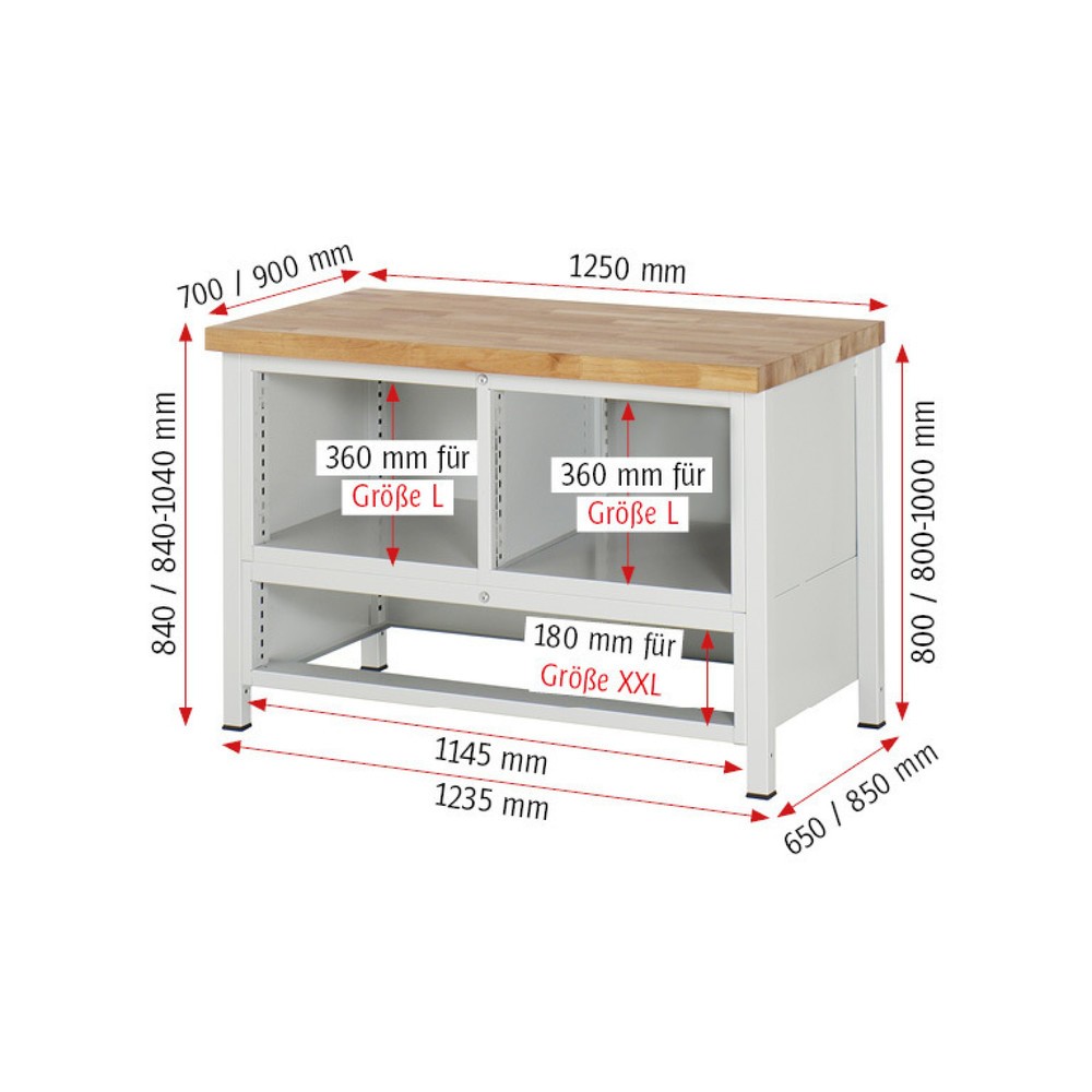 Produktabbildung Nr. 7: RAU Werkbank Serie 8000, 1 Dreifach-Container, HxBxT 840-1.040 x 1.250 x 900 mm, 9 x 90%-Auszug-Schubladen 1 x 60, 6 x 90, 1 x 120, 1 x 180 mm, Breite 490-1.055 mm