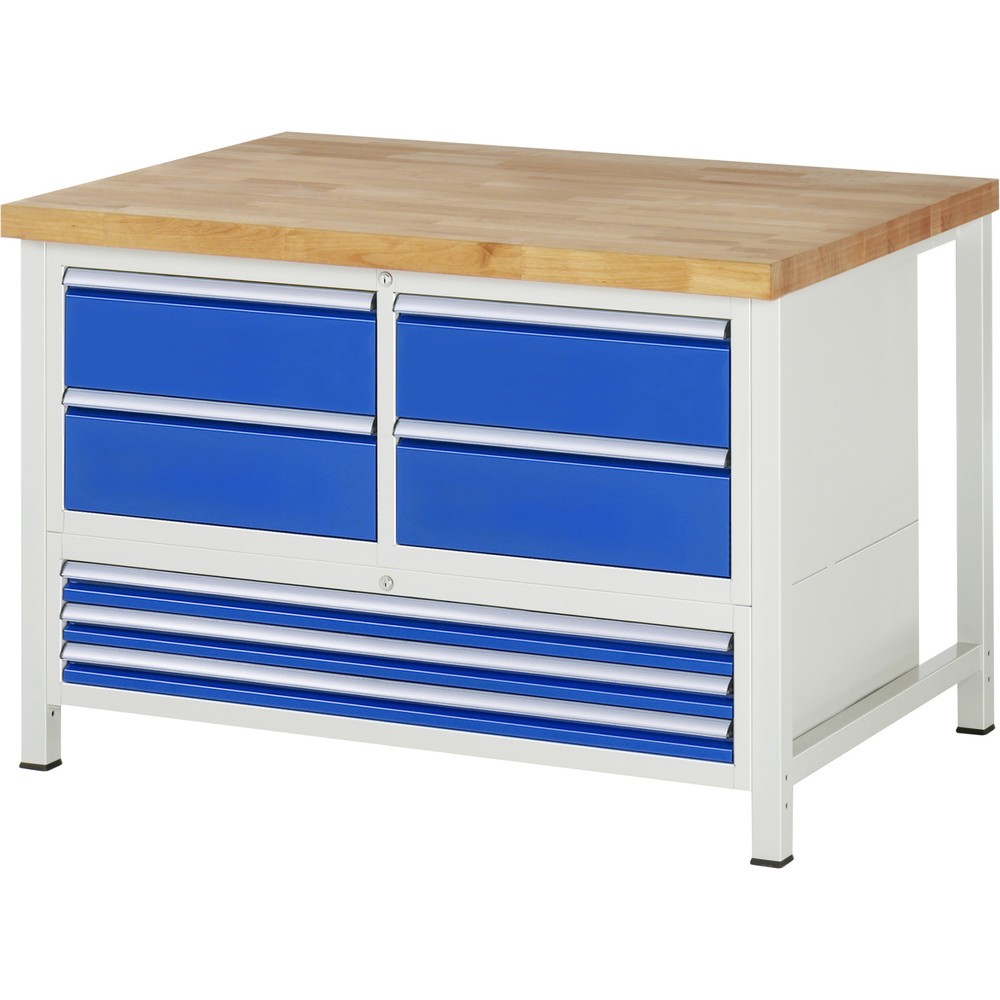 Produktabbildung Nr. 1: RAU Werkbank Serie 8000, 1 Dreifach-Container, HxBxT 840-1.040 x 1.250 x 900 mm, 7 x 100%-Auszug-Schubladen 3 x 60, 4 x 180 mm