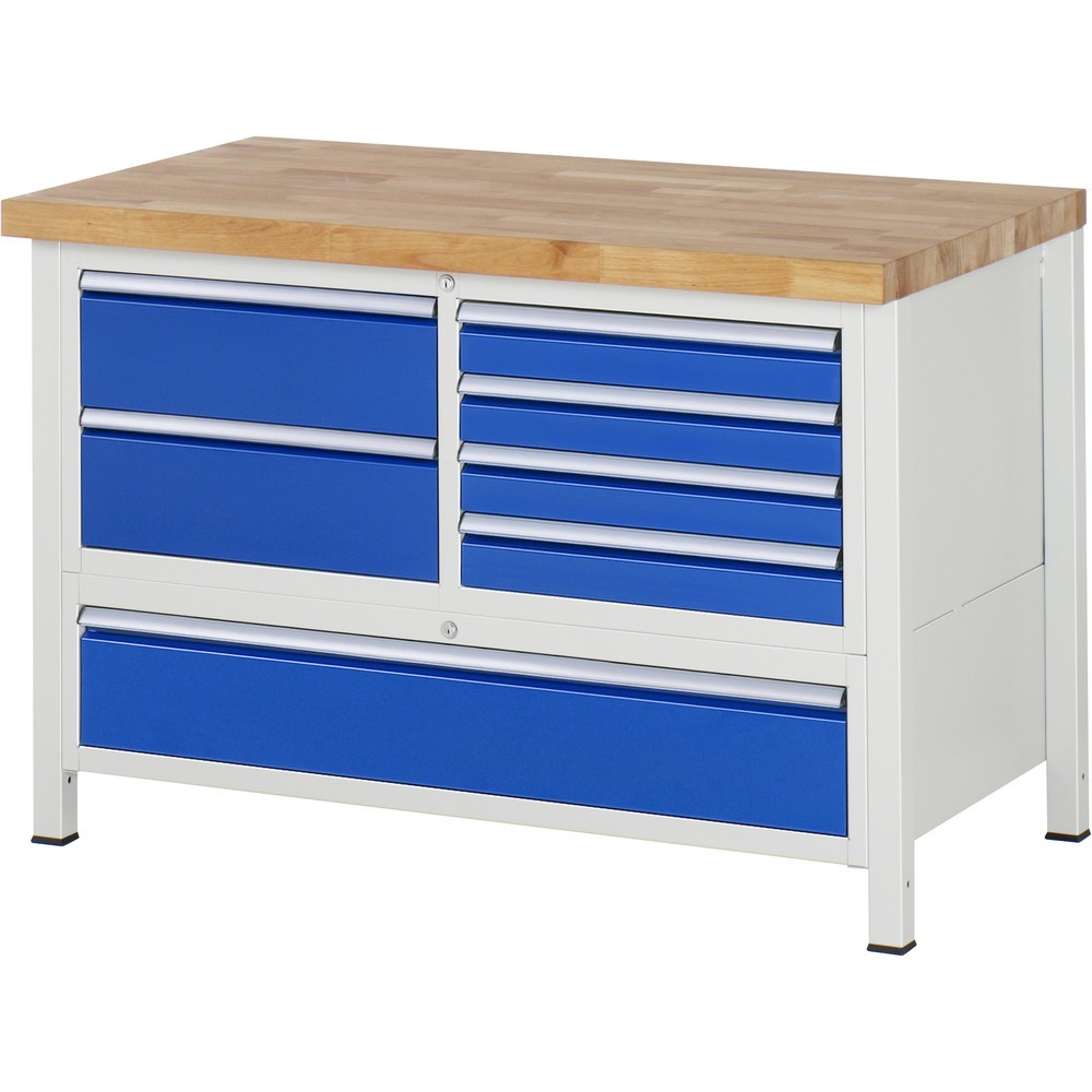 Produktabbildung: RAU Werkbank Serie 8000, 1 Dreifach-Container, HxBxT 840-1.040 x 1.250 x 700 mm, 7 x 90%-Auszug-Schubladen 4 x 90, 3 x 180 mm