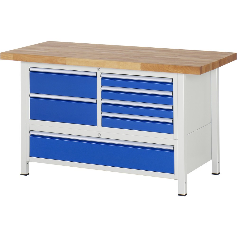 Produktabbildung: RAU Werkbank Serie 8000, 1 Dreifach-Container, HxBxT 840-1.040 x 1.500 x 700 mm, 7 x 90%-Auszug-Schubladen 4 x 90, 3 x 180 mm