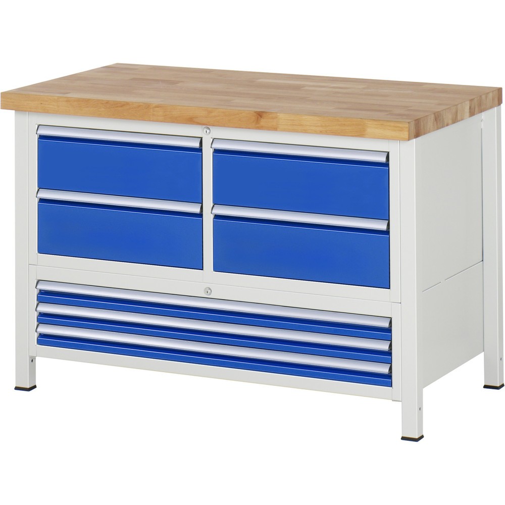 Produktabbildung Nr. 1: RAU Werkbank Serie 8000, 1 Dreifach-Container, HxBxT 840-1.040 x 1.250 x 700 mm, 7 x 90%-Auszug-Schubladen 3 x 60, 4 x 180 mm