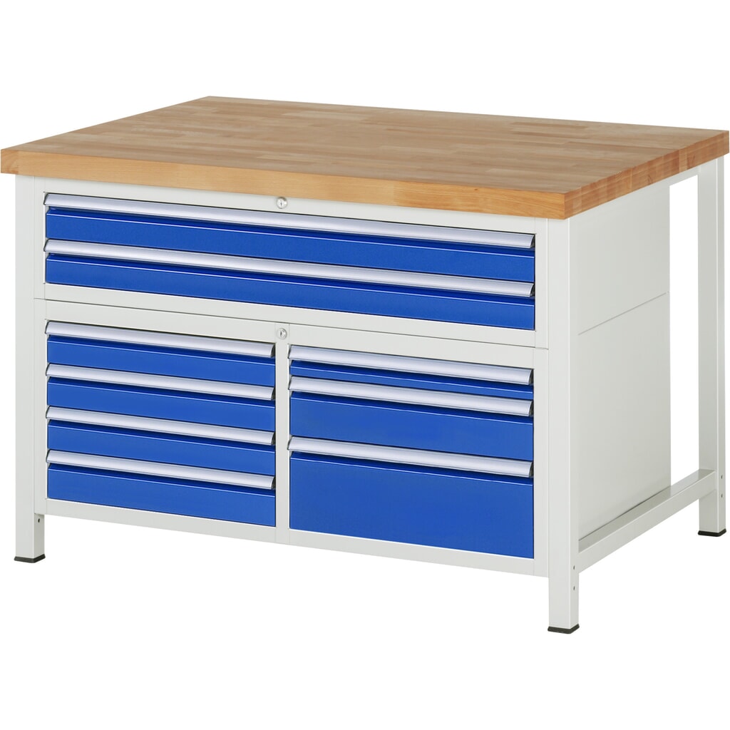 Produktabbildung: RAU Werkbank Serie 8000, 1 Dreifach-Container, HxBxT 840-1.040 x 1.250 x 900 mm, 9 x 90%-Auszug-Schubladen 1 x 60, 6 x 90, 1 x 120, 1 x 180 mm, Breite 490-1.055 mm