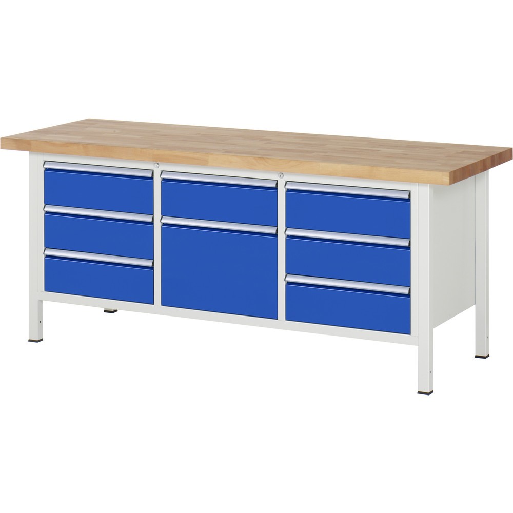 Produktabbildung Nr. 1: RAU Werkbank Serie 8000, 1 Dreifach-Container, HxBxT 840-1.040 x 2.000 x 700 mm, 8 x 90%-Auszug-Schubladen 7 x 180, 1 x 360 mm