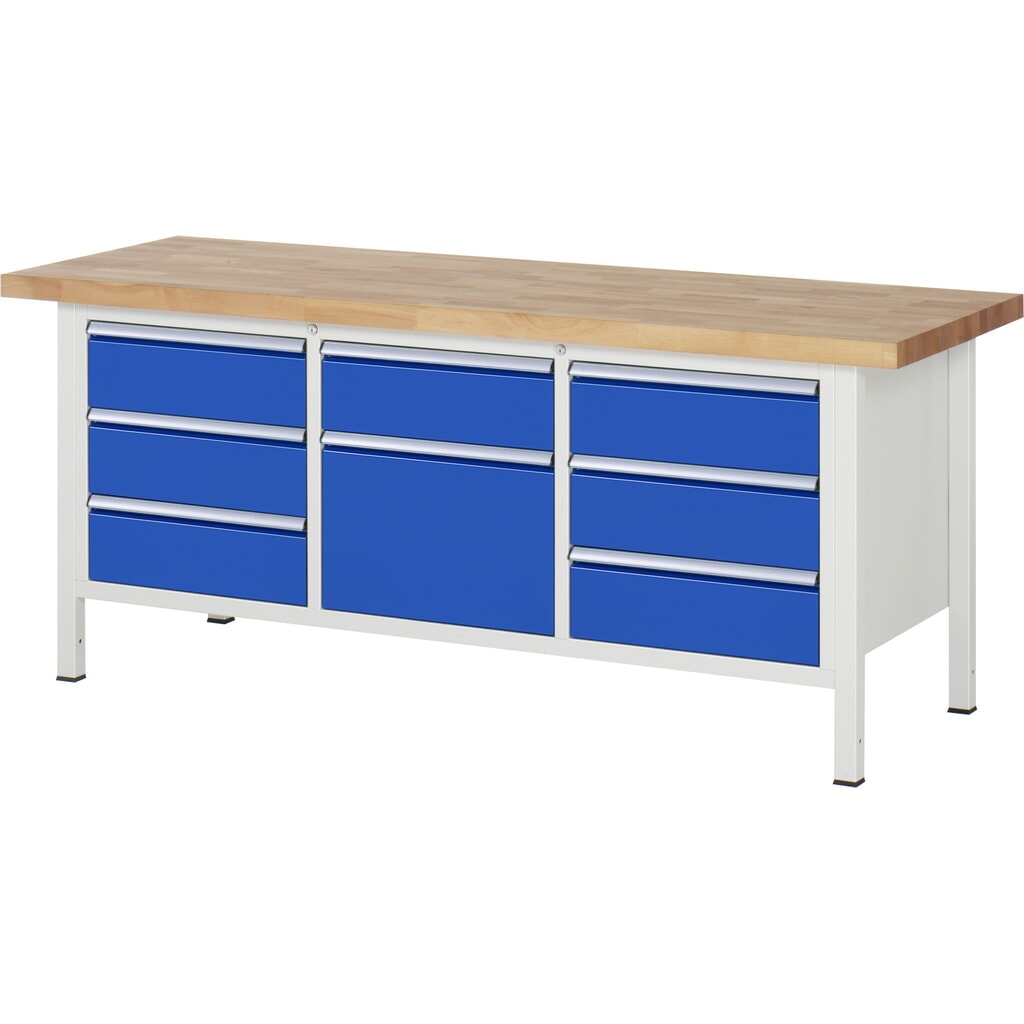RAU Werkbank Serie 8000, 1 Dreifach-Container, HxBxT 840 x 2.000 x 700 mm, 8 x 90%-Auszug-Schubladen 7 x 180, 1 x 360 mm Produktabbildung Nr. 1: RAU Werkbank Serie 8000, 1 Dreifach-Container, HxBxT 840 x 2.000 x 700 mm, 8 x 90%-Auszug-Schubladen 7 x 180, 1 x 360 mm