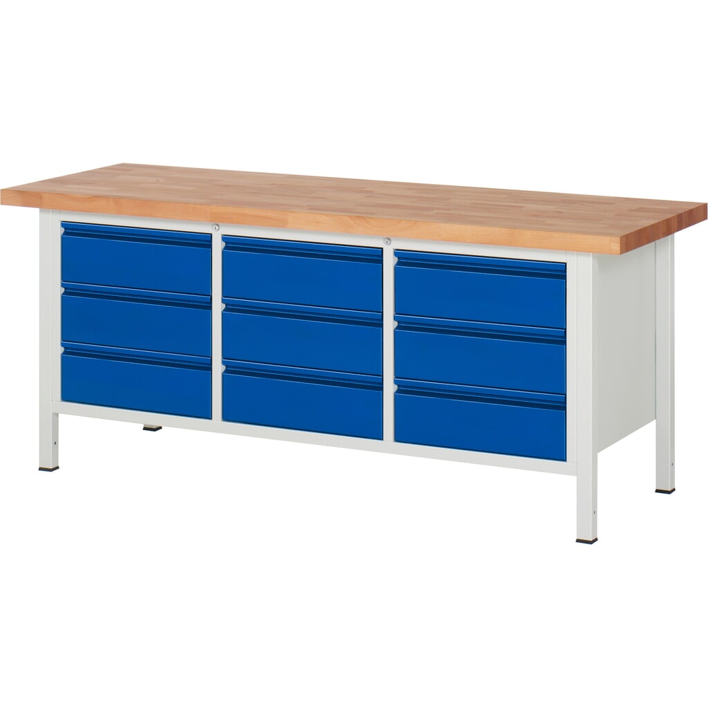 RAU Werkbank Serie 8000, 1 Dreifach-Container, HxBxT 840 x 2.000 x 700 mm, 9 x 90%-Auszug-Schubladen 9 x 180 mm, Schubladen-TK 100 kg Produktabbildung Nr. 1: RAU Werkbank Serie 8000, 1 Dreifach-Container, HxBxT 840 x 2.000 x 700 mm, 9 x 90%-Auszug-Schubladen 9 x 180 mm, Schubladen-TK 100 kg