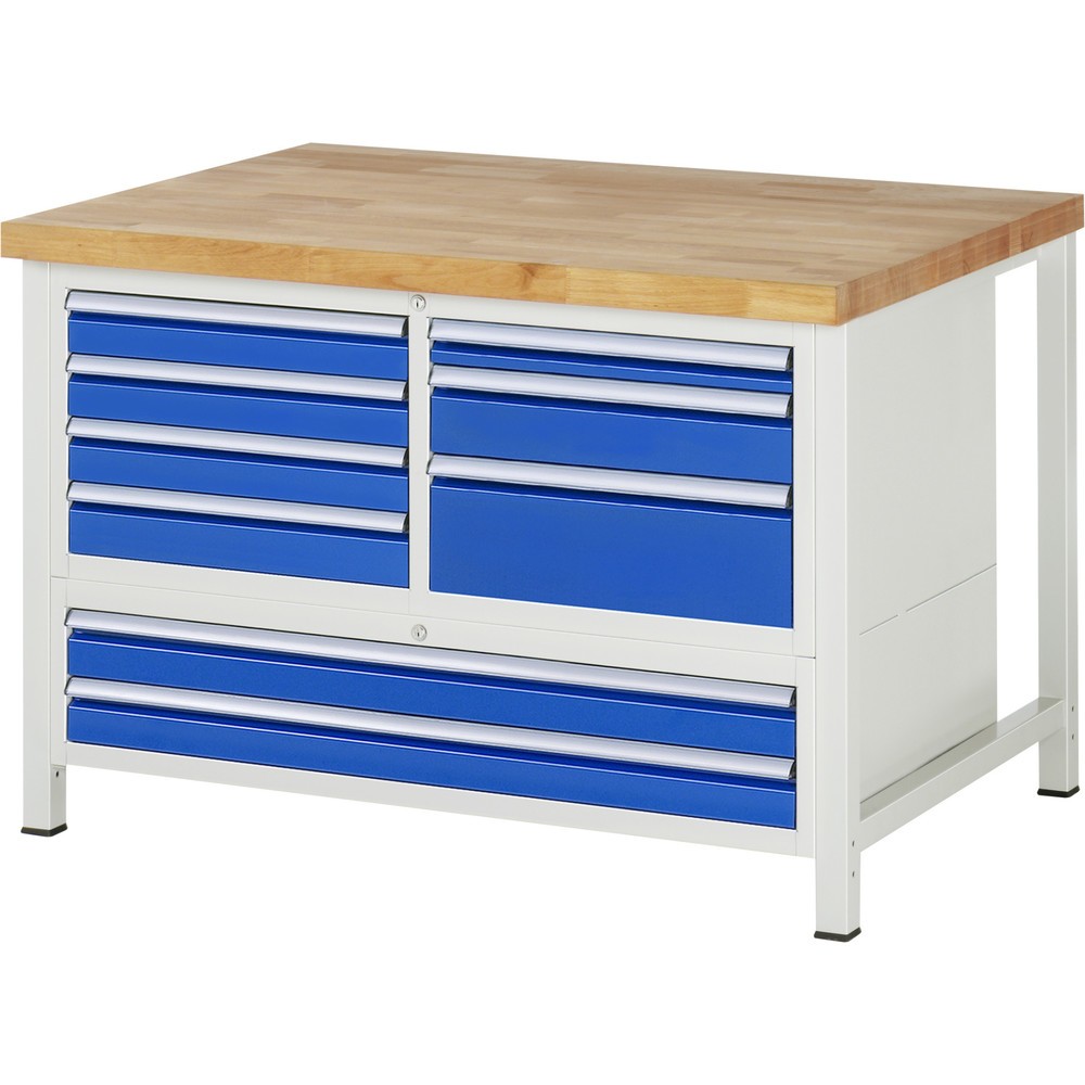 Produktabbildung Nr. 1: RAU Werkbank Serie 8000, 1 Dreifach-Container, HxBxT 840-1.040 x 1.250 x 900 mm, 9 x 90%-Auszug-Schubladen 1 x 60, 6 x 90, 1 x 120, 1 x 180 mm, Breite 490-1.055 mm